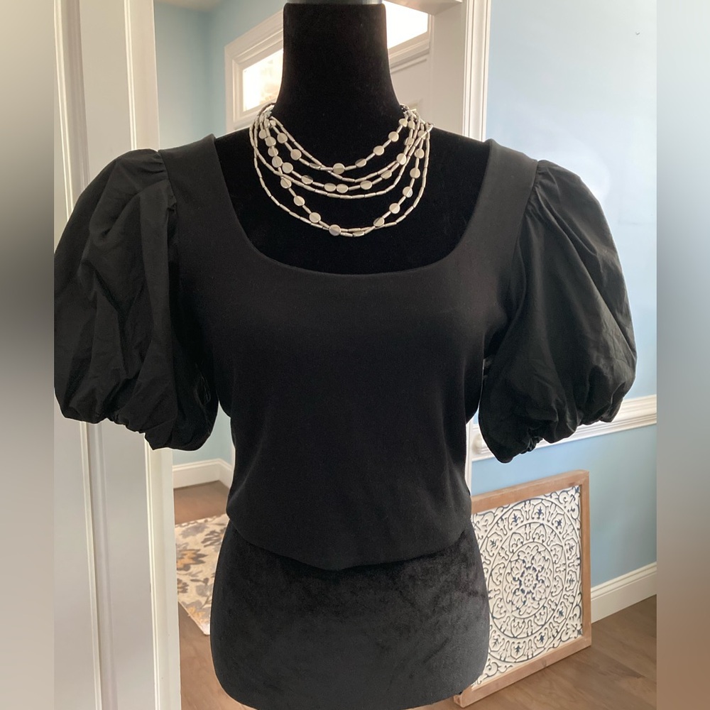 Anthropologie Black Puff Sleeve Top Wrap Top Tie Back 100% Cotton - Picture 2 of 10